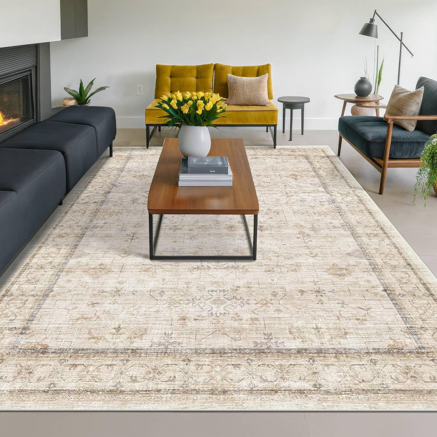 Washable Ivory 6x9 Living Room Rug - Non-Slip Dining Rug for Under Table | Low Pile Neutral Farmhouse Carpet