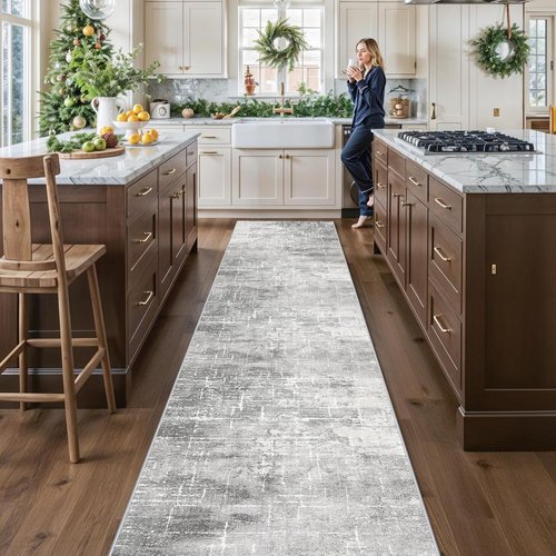 **Regine Switzerland Abstract Kitchen Area Rug - Washable Non-Slip Long Hallway Mat | Soft Stain-Resistant 2'6"x14" in Light Grey**