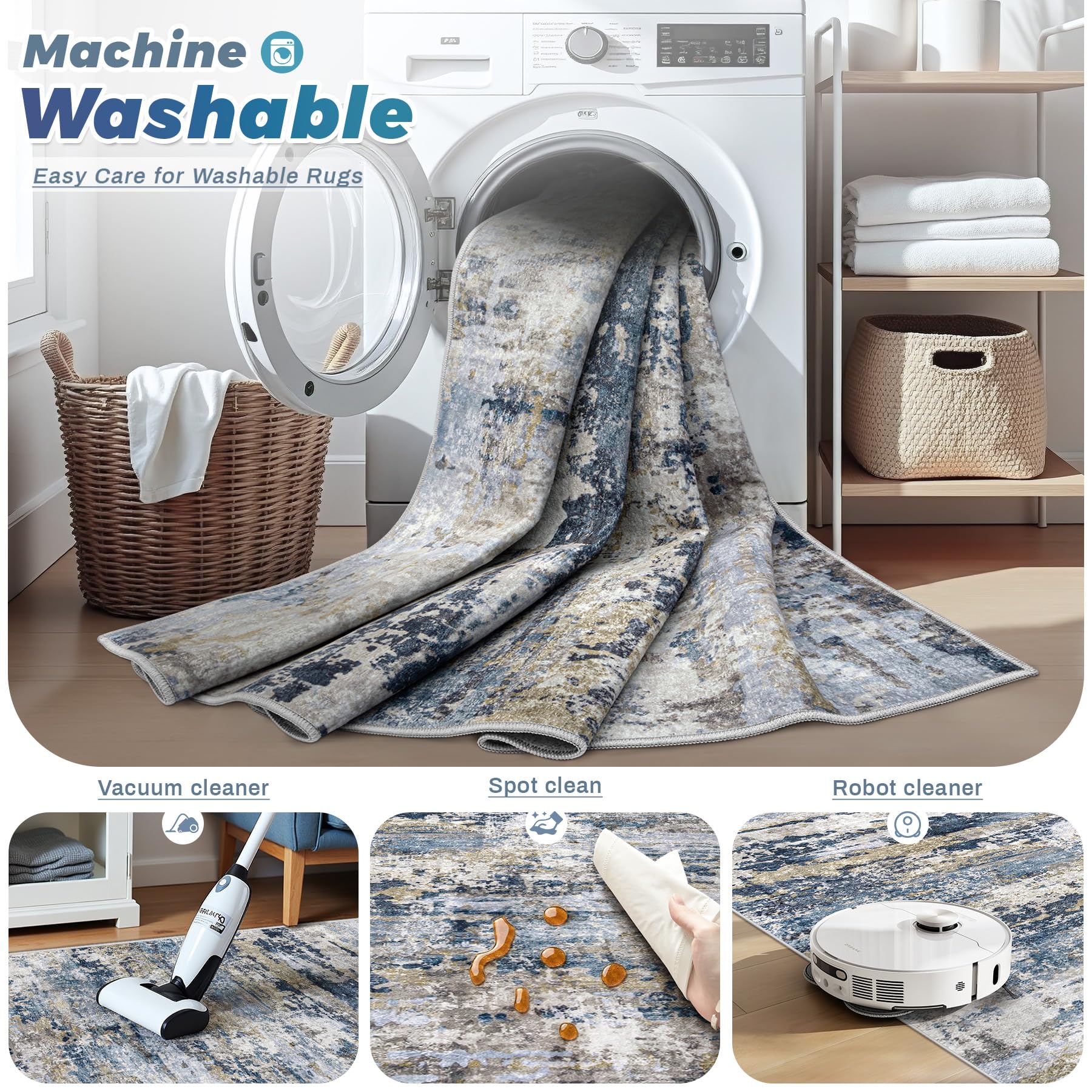 pmtsns Area Rugs 8x10 for Living Room: Washable Rug Modern Abstract Neutral Soft Non-Slip Low-Pile Indoor Large Carpet for Bedroom Dining Room Home Office Children's Room(Blue Grey Brown, 8'x10')