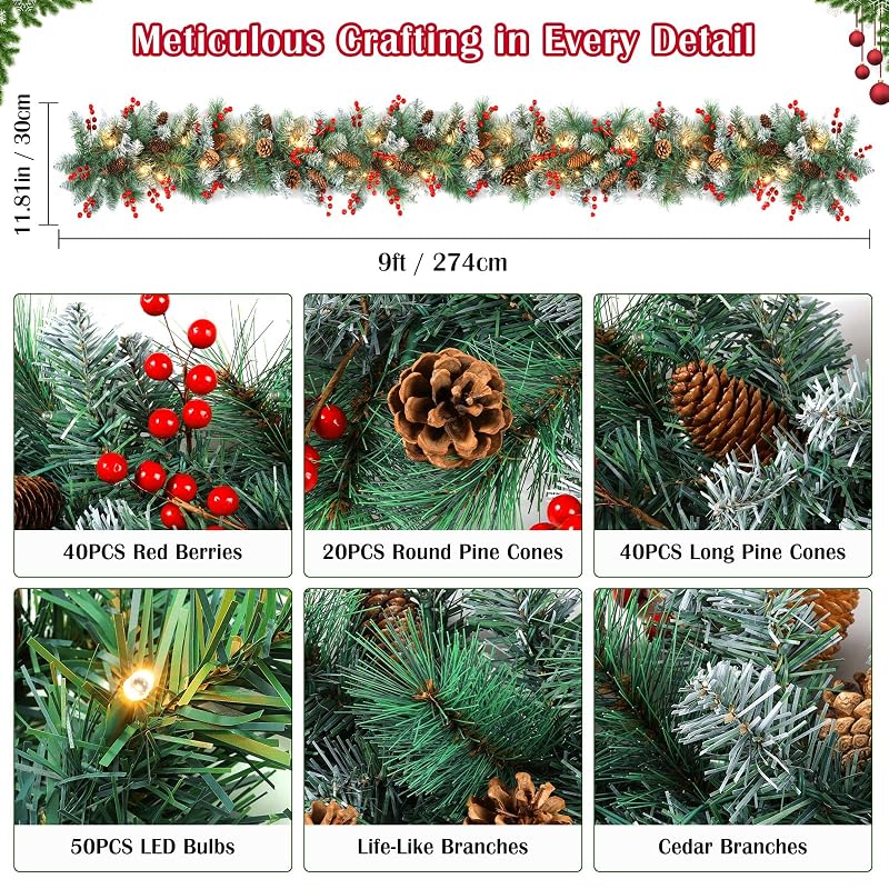 Lewondr 9ft Prelit Christmas Garland with Cedar, Pine Cones & 50 LEDs - Cedar Green (Variation of Cedar Green)