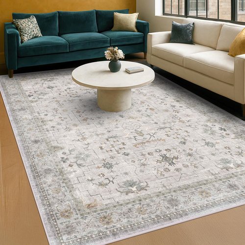 Hazo Haus Boho Light Grey Area Rug - Modern Vintage Floral Design | Washable 6x9 Non-Slip Living Room Rug