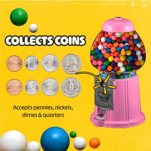 15” Gumball Machine with Stand and Coin Bank - Bubble Gum Machine Candy Dispenser with Glass Globe and Metal Base - Vintage Style Gum Ball Vending Dispenser by Great Northern Popcorn (Pink)