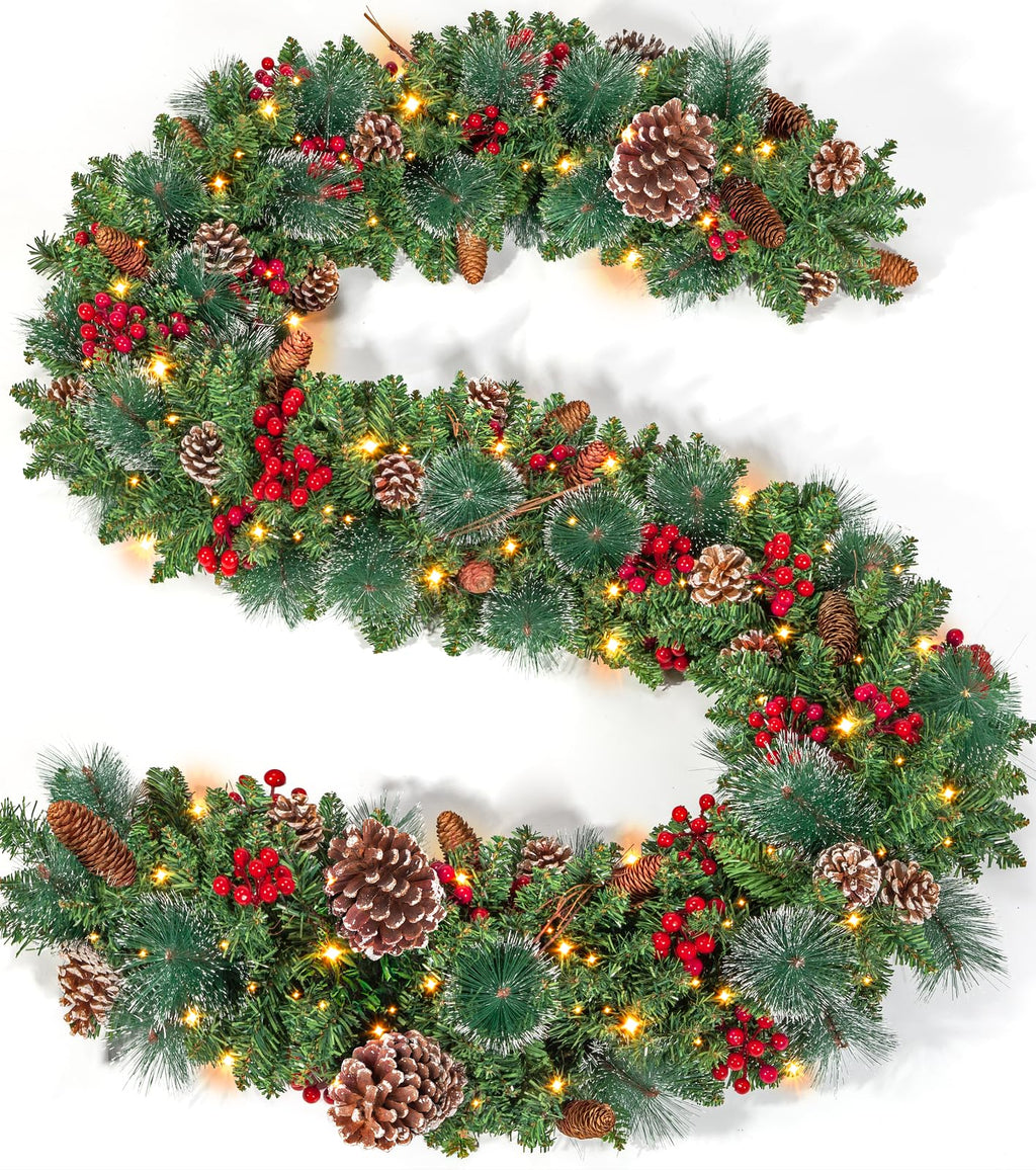TigeJoy 9FT Luxury Prelit Christmas Garland with Warm White LED Timer Lights, Snow Cedar Garland with Red Berries, Mixed Pinecones, 8 Modes 3AA Battery Operated Xmas Decor for Fireplace Doorway Porch