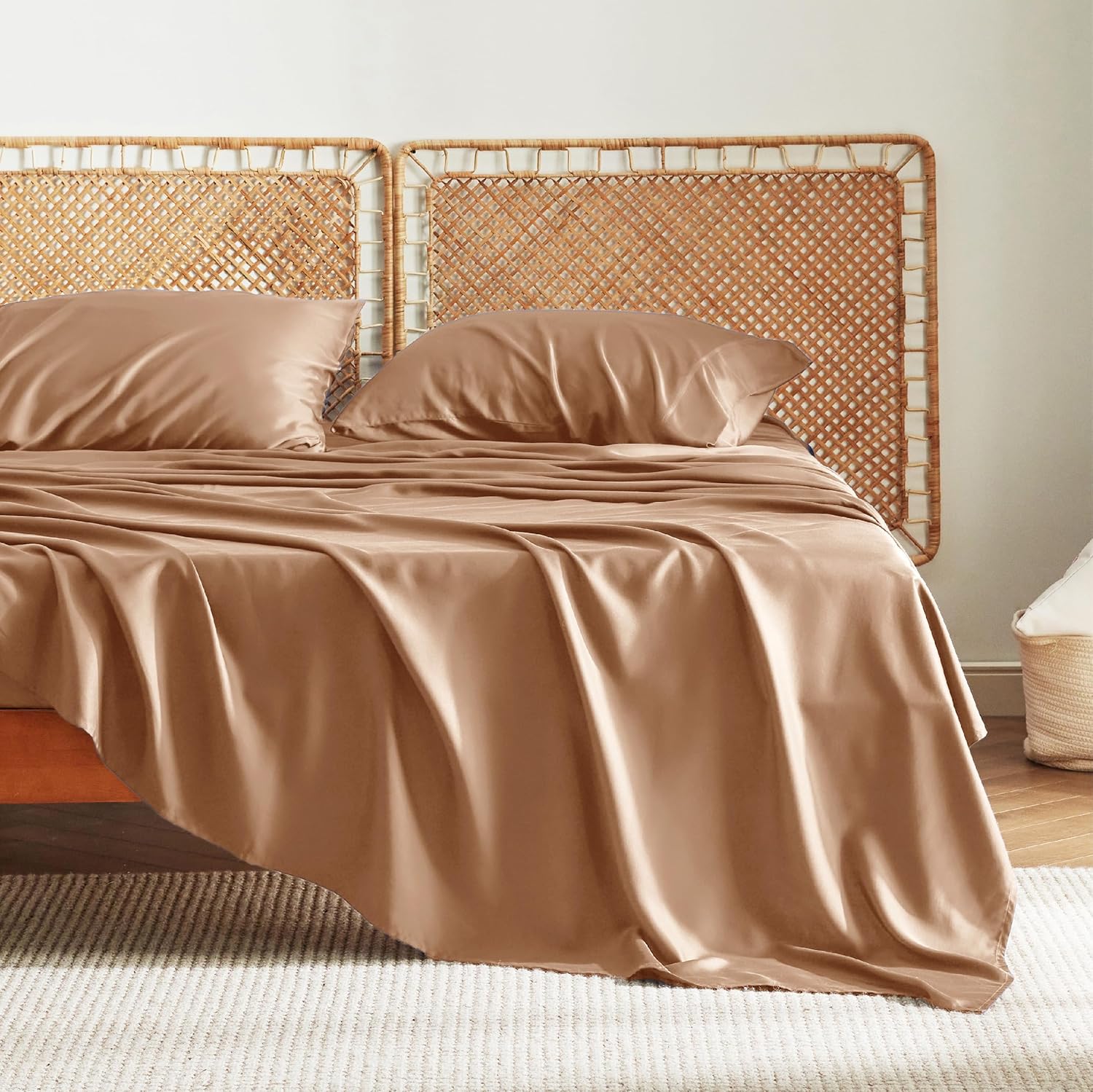 Bedsure King Size Cooling Sheets Set - Breathable Rayon from Bamboo, Soft & Silky, Deep Pocket Up to 16 Inches, Khaki