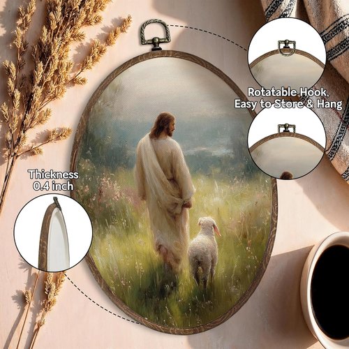 FLAWAFLOMA Jesus and Lamb Oval Wall Art - Rustic Christian Canvas Decor for Home & Church | 8.6x11.4 Inch