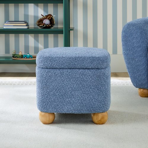 Walker Edison Linley Contemporary Small Storage Bouclé Ottoman with Wood Legs, Soft Blue