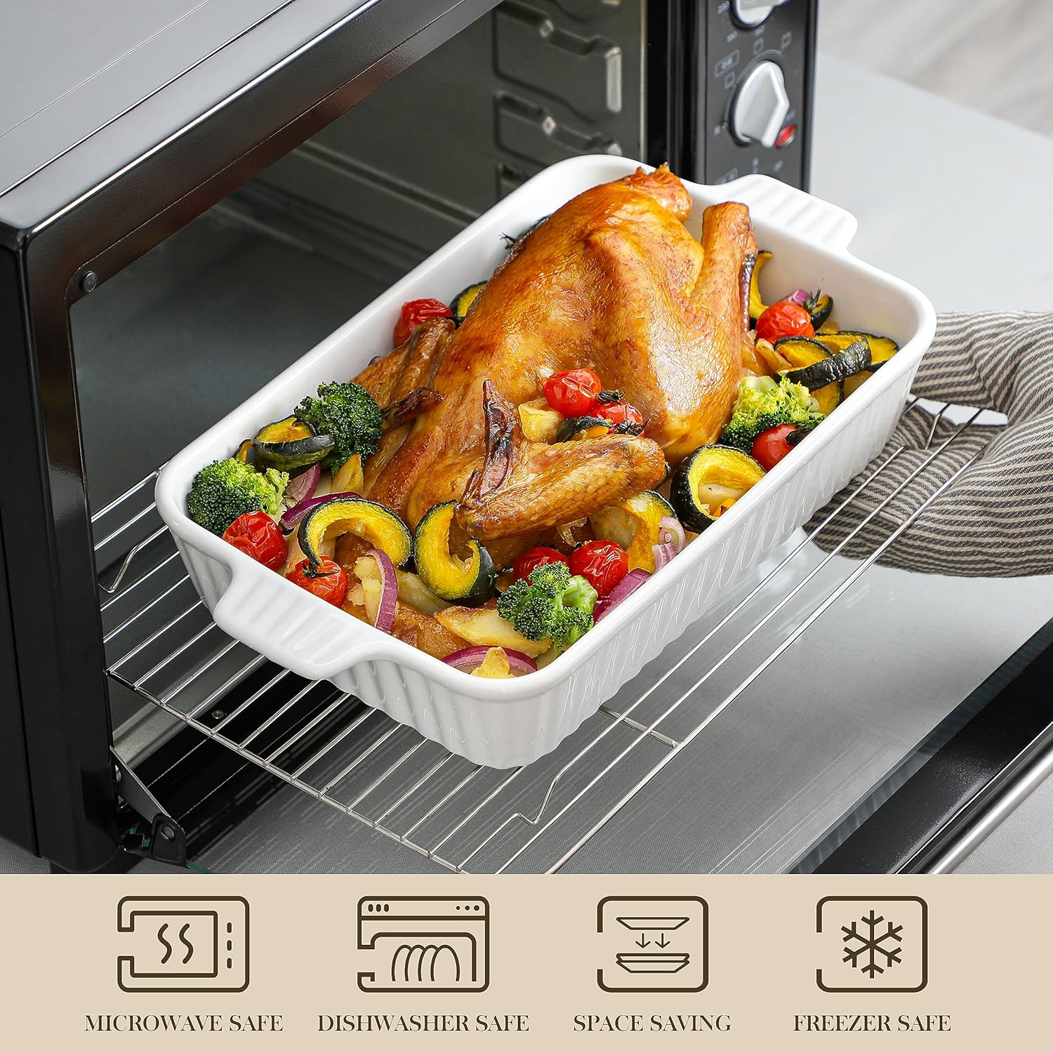 MALACASA Casserole Dishes - Porcelain Bakeware Set of 4 with Handles for Oven Baking | White Rectangular Pans (9.4"/11.1"/12.2"/14.7")