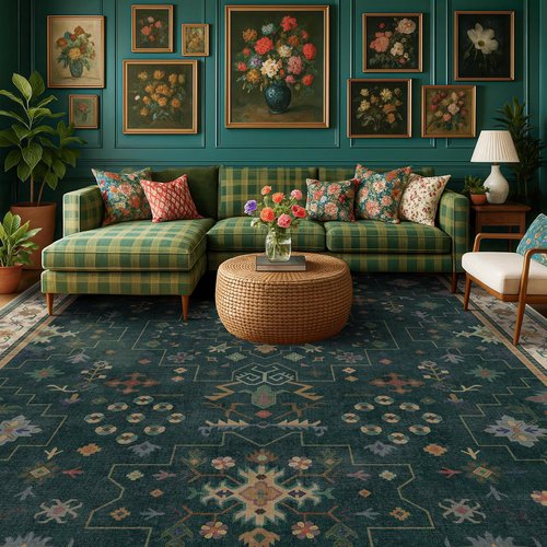Hazo Haus Dark Green Vintage 8x10 Washable Rug - Ultra Soft Non-Slip Floral Geometric Design for Living Room