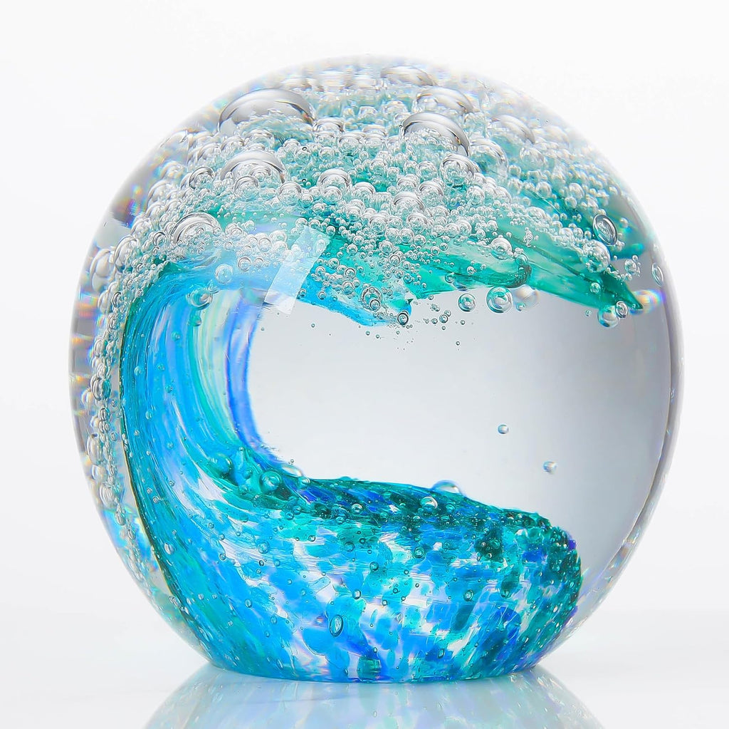 Qianwei Hand Blown Ocean Waves Crystal Ball - Unique Glass Collectible Sphere for Home & Office Decor