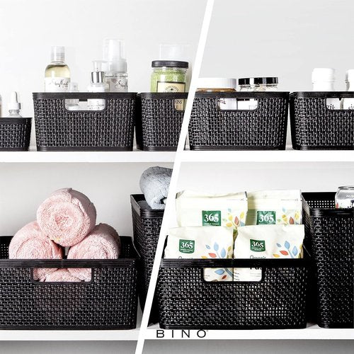 BINO Woven Plastic Basket - Medium Black 4-Pack | Stylish Home Organization & Space-Saving Storage