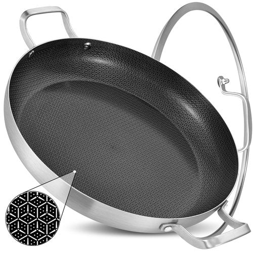 Inqibee 14-Inch Hybrid Tri-Ply Stainless Steel Paella Pan with Lid,Ceramic Non Stick Large Skillet,Induction Cooking Pan,Anti-Scratch,Dishwasher and Oven Safe