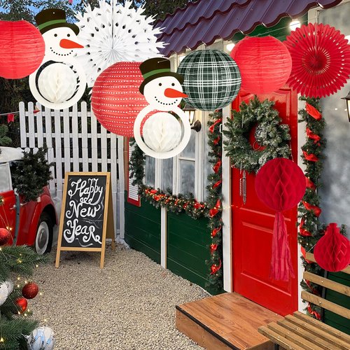 14Pcs Black Red Buffalo Check 3D Snowman Christmas Paper Lantern Decoration, Snowflake Honeycomb Tissue Paper Fan Garland Set, Indoor Outdoor Happy Lunar New Year Ornament Party Supply Kit 12,10,8''