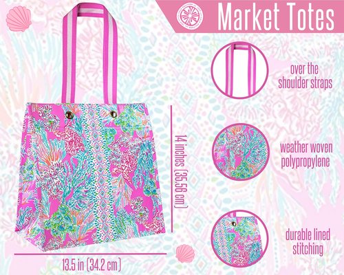 Lilly Pulitzer Pink Market Shopper Bag, Reusable Grocery Tote, Shoulder Bag for Produce or Travel, Seaing Things