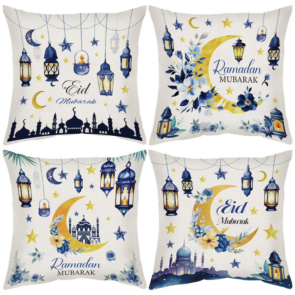 CRASHOT Ramadan Pillow Covers 18 x 18, 4 Pcs Blue and Gold Moon Floral Throw Pillow Cases, Linen Ramadan Decorations for Home, Islamic Festival Holiday Decor for Sofa Couch