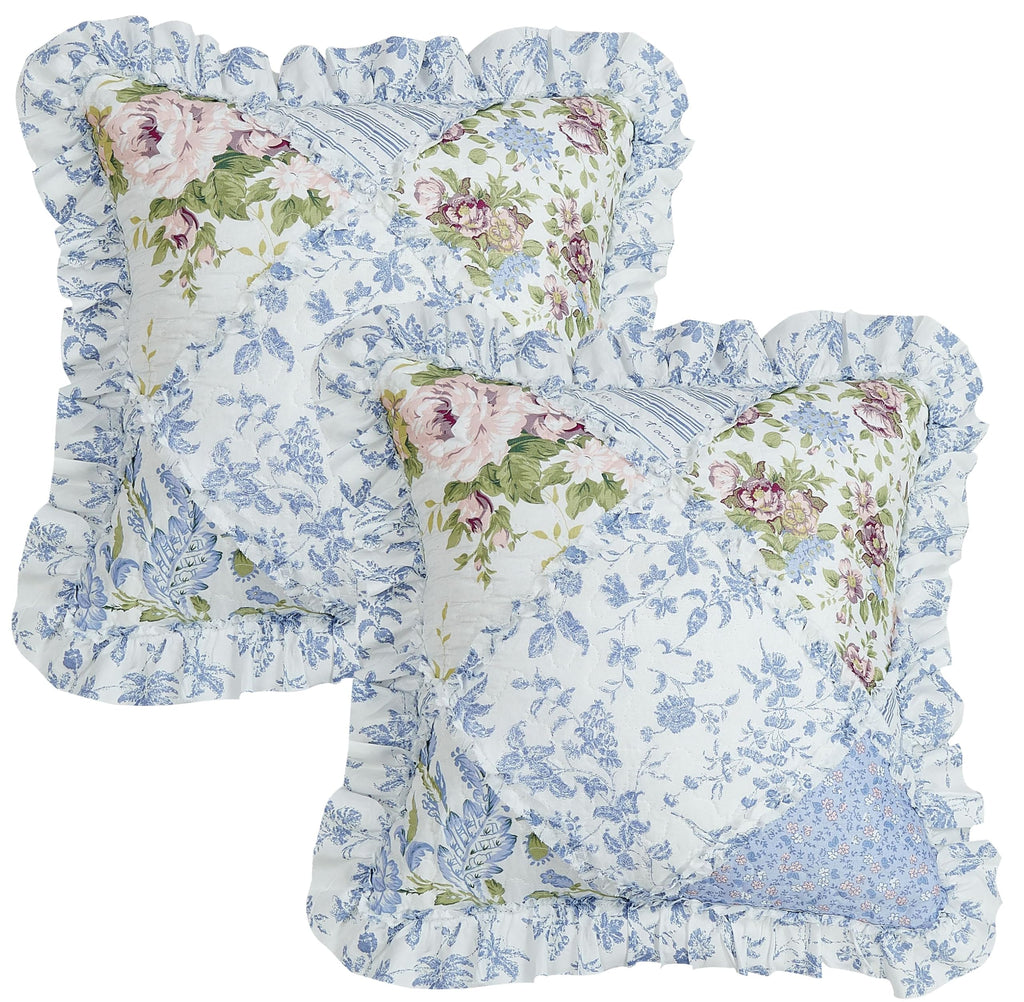 Brilliant Sunshine Blue Rose Patchwork Ruffle Pillowshams, Quilted Decorative Pillow Covers Set, Square Throw Cushion Cases for Couch, Reclining Chair, Car, Bed, 18x18, Pack of 2, Blue Rose
