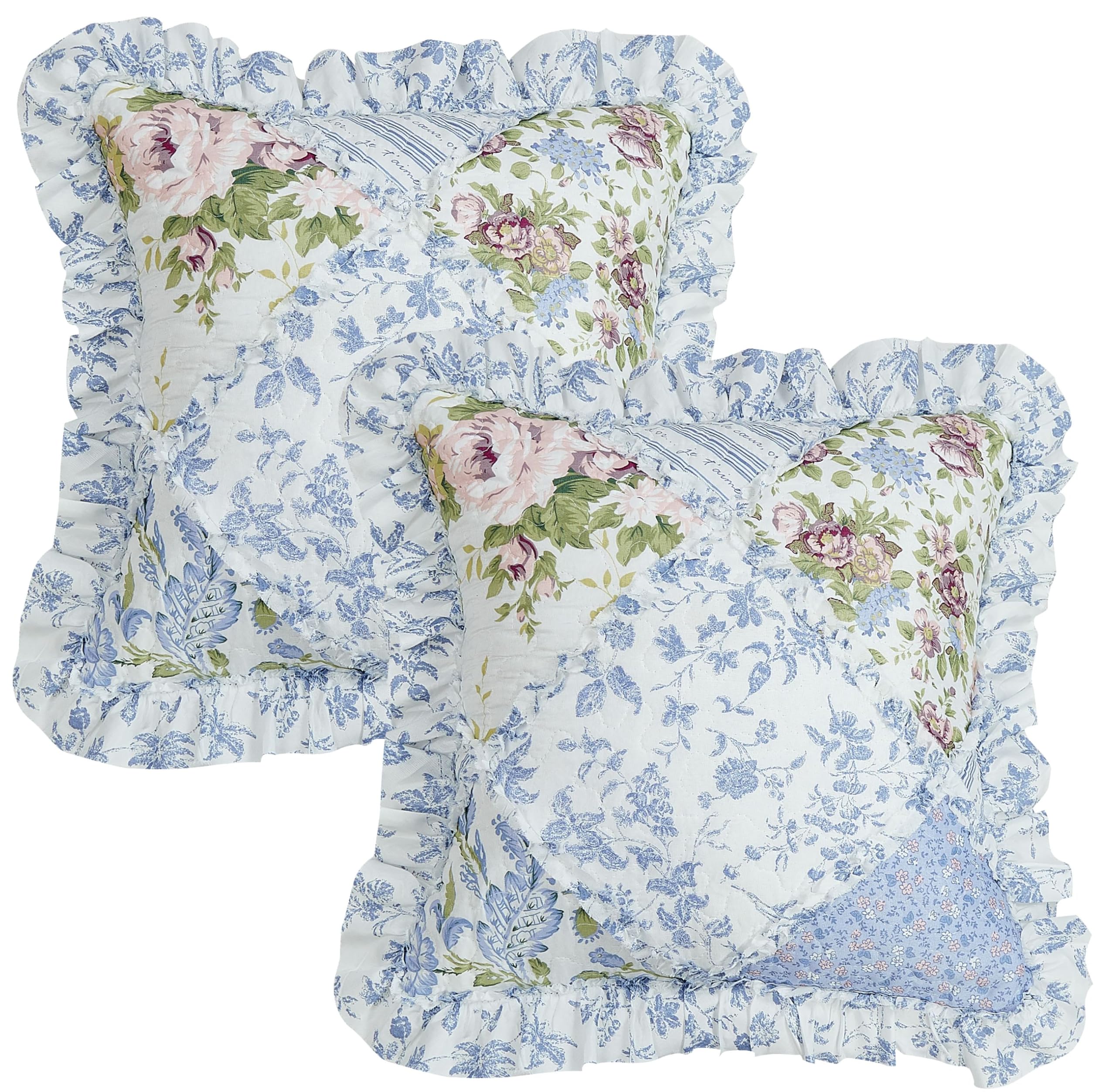 Brilliant Sunshine Blue Rose Patchwork Ruffle Pillowshams, Quilted Decorative Pillow Covers Set, Square Throw Cushion Cases for Couch, Reclining Chair, Car, Bed, 18x18, Pack of 2, Blue Rose