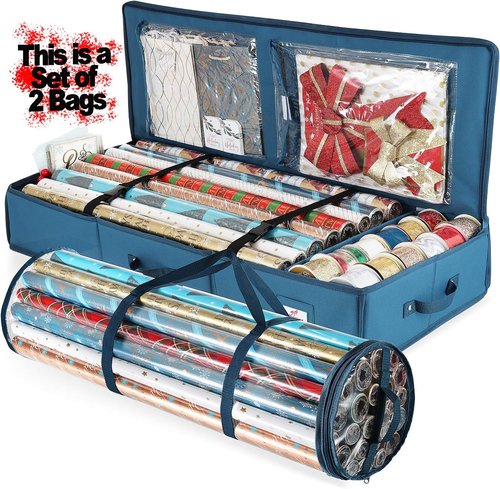 Hearth & Harbor Wrapping Paper Storage Container - Tear-Proof Christmas Bag for 36 Rolls - Blue