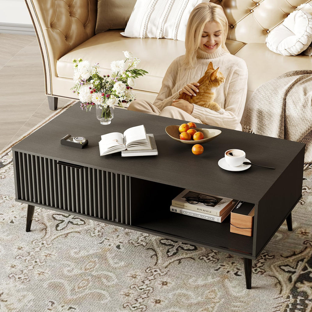 Modern Coffee Table with Storage, 2-Tier Wooden Cocktail Table, Mid Century Modern Coffee Tables with Wave-Style Sliding Doors and Solid Wood Legs, for Living Room, Office, Black