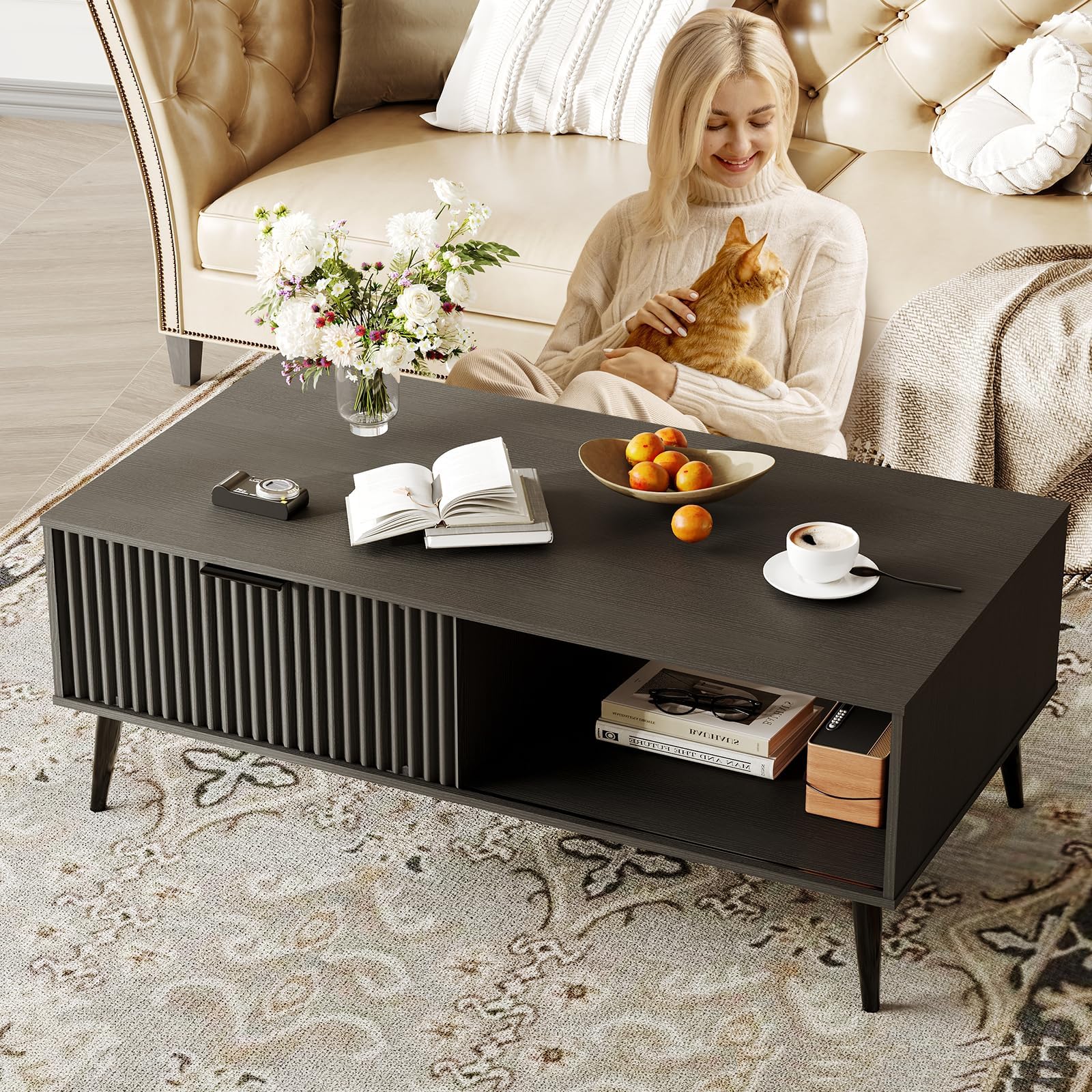 Modern Coffee Table with Storage, 2-Tier Wooden Cocktail Table, Mid Century Modern Coffee Tables with Wave-Style Sliding Doors and Solid Wood Legs, for Living Room, Office, Black