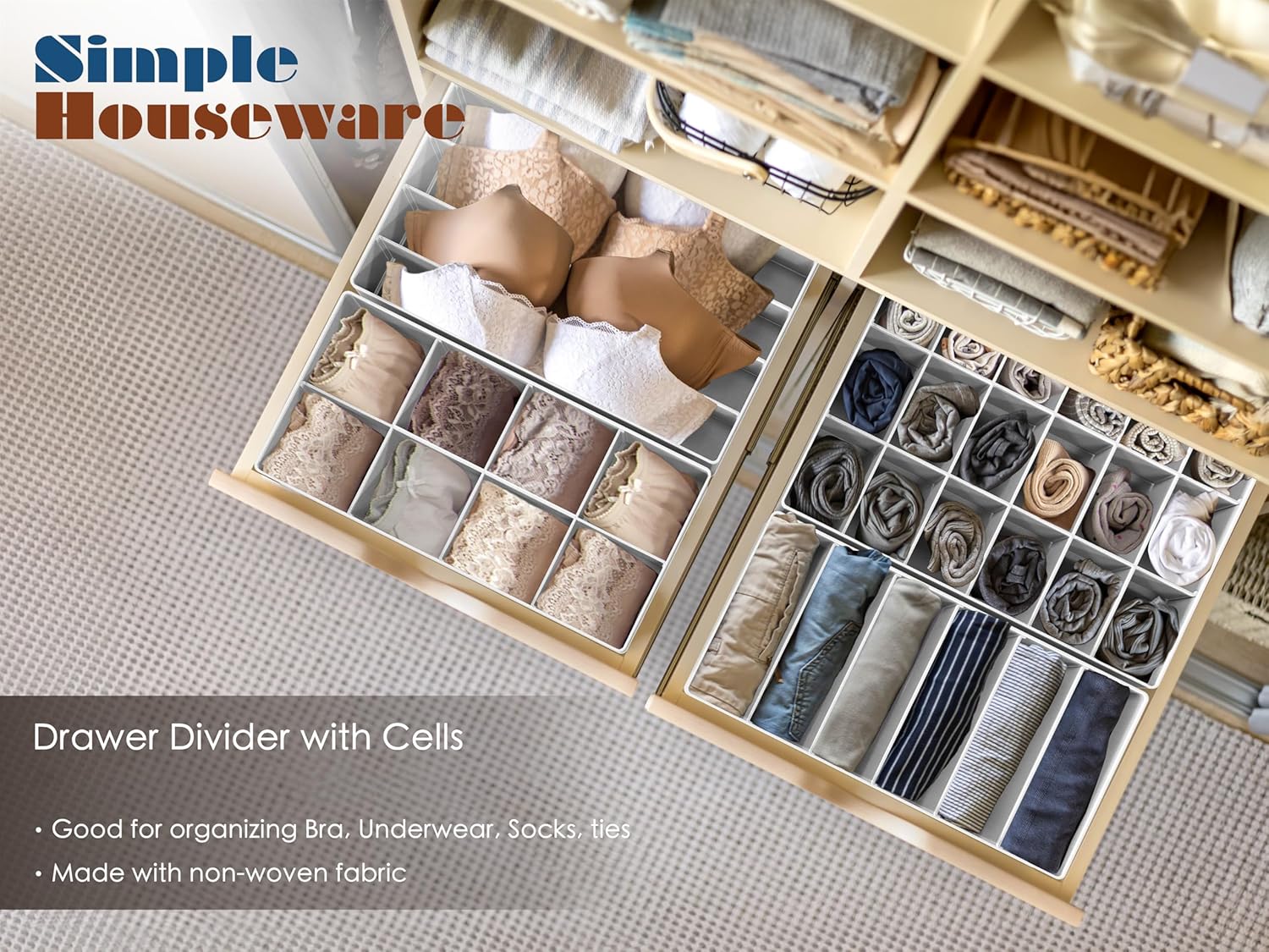 Simple Houseware Drawer Organizer Set - 4-Pack Closet Dividers for Underwear, Socks, Bras | Foldable Gray Storage Boxes