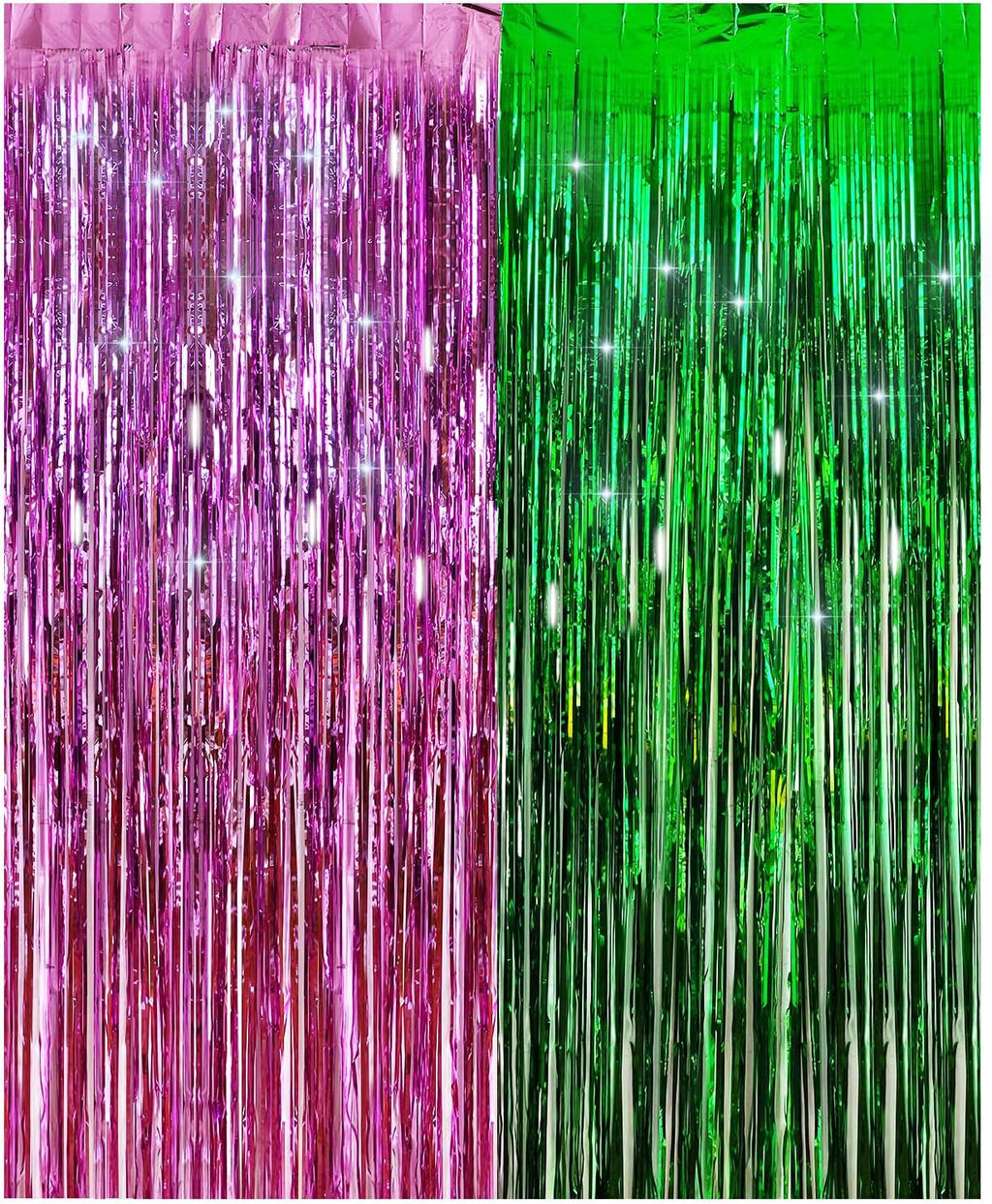 Skiennix Pink & Green Tinsel Curtain | Foil Fringe Backdrop for Birthday & Baby Shower Decor