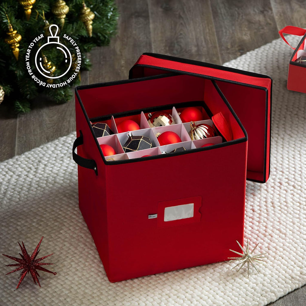 Zober Christmas Ornament Storage Box | Holds 64 Ornaments | Durable Non-Woven Design - Red