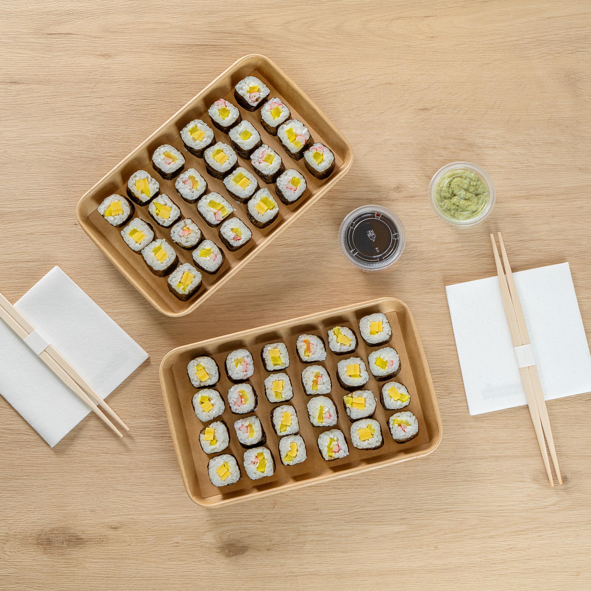 Matsuri Vision 9.5 x 6 x 0.9 Inch Sushi Trays, 100 Greaseproof Sushi Packaging Boxes - Lids Sold Separately, Disposable, Kraft Paper Sushi Containers, For Appetizers Or Desserts - Restaurantware