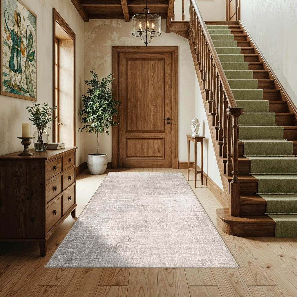 Skiennix 4x6 Living Room Area Rug - Washable Non-Slip Abstract Carpet | Stain Resistant Beige/Cream Floor Mat