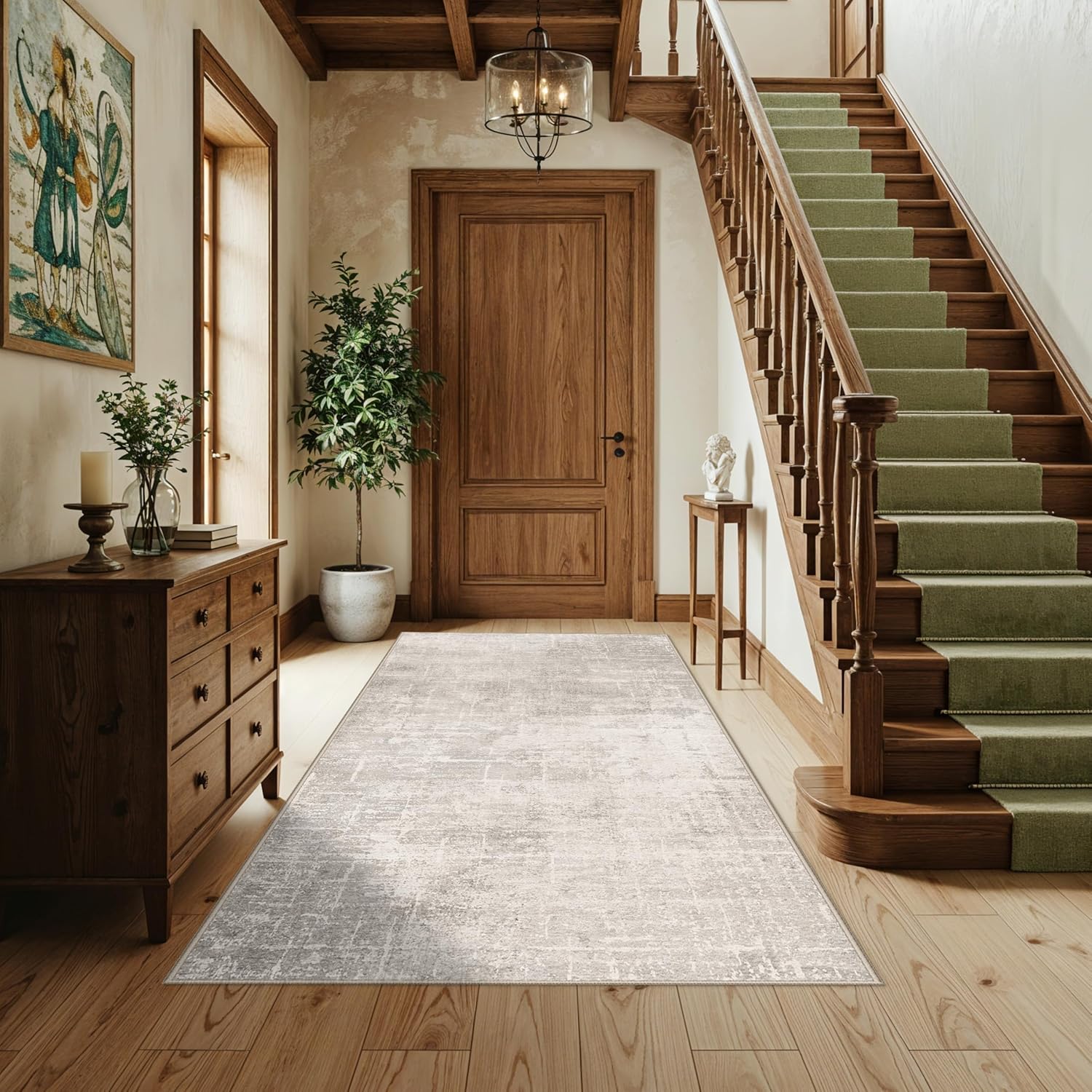 Skiennix 4x6 Living Room Area Rug - Washable Non-Slip Abstract Carpet | Stain Resistant Beige/Cream Floor Mat