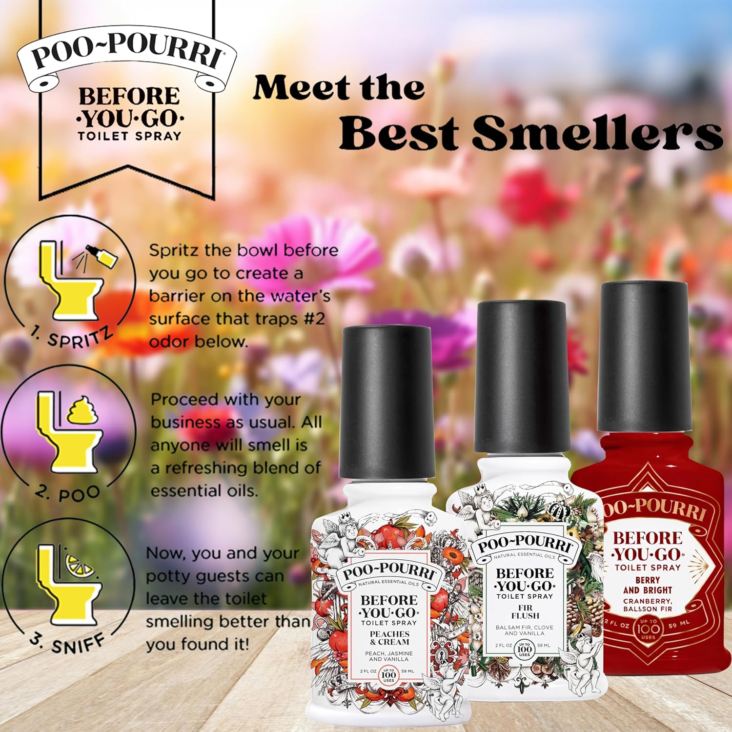 Poo-Pourri Toilet Spray Variety Pack - Spring Scents: Berry & Bright, Peaches & Cream, 2 Oz