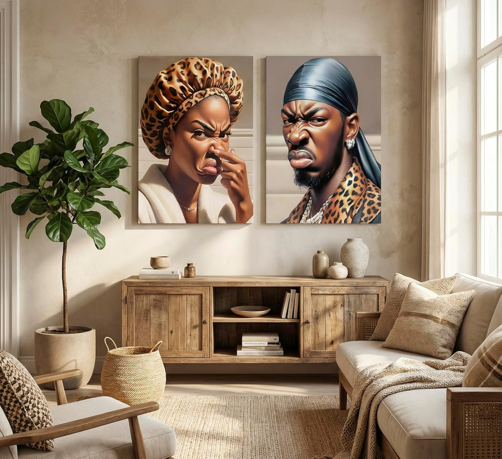 Skiennix Funny Stank Face Bathroom Wall Art - Humorous African American Canvas Decor | 2-Piece Set