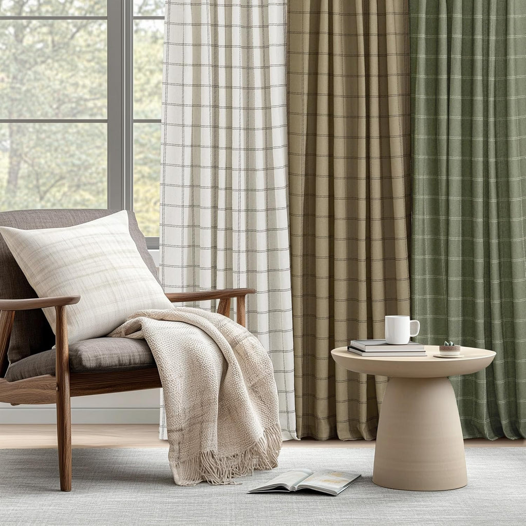 NICETOWN Linen Plaid Curtains - Moss Green Check Tartan Light Filtering Window Panels | 52" x 84" (2 Panels)