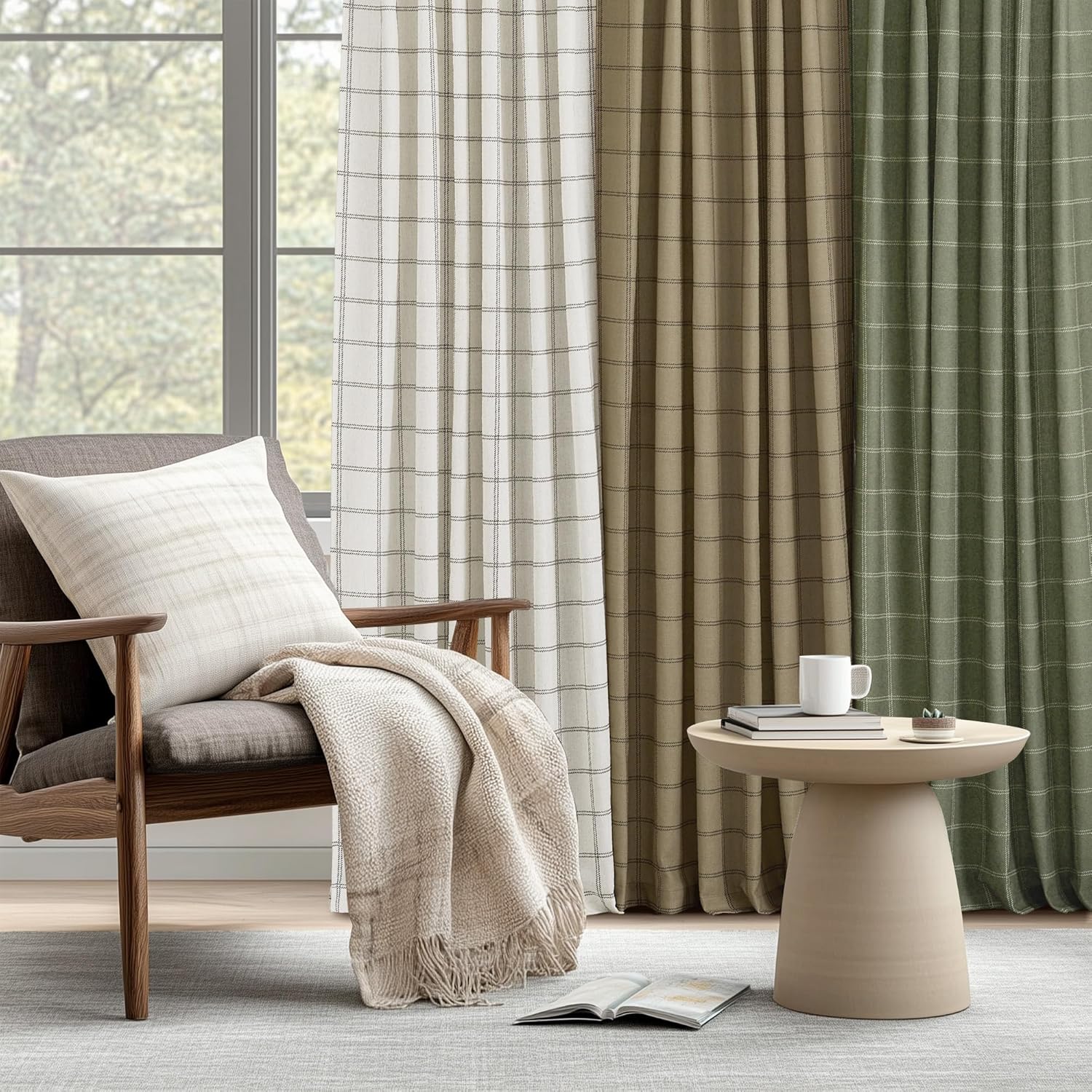 NICETOWN Linen Plaid Curtains - Moss Green Check Tartan Light Filtering Window Panels | 52" x 84" (2 Panels)