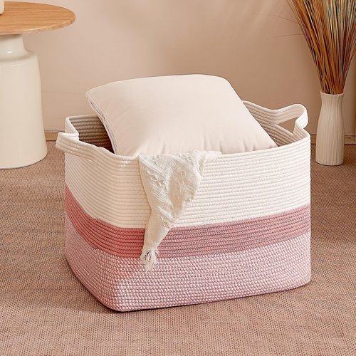 CLHMILY&Z Stylish Square Cotton Rope Storage Basket - Pink & White, 85L Capacity
