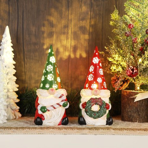 FORUP Christmas Gnome Decor - Set of 2 Lighted Resin Figurines with Wreath & Candy Cane | Indoor Table Decorations