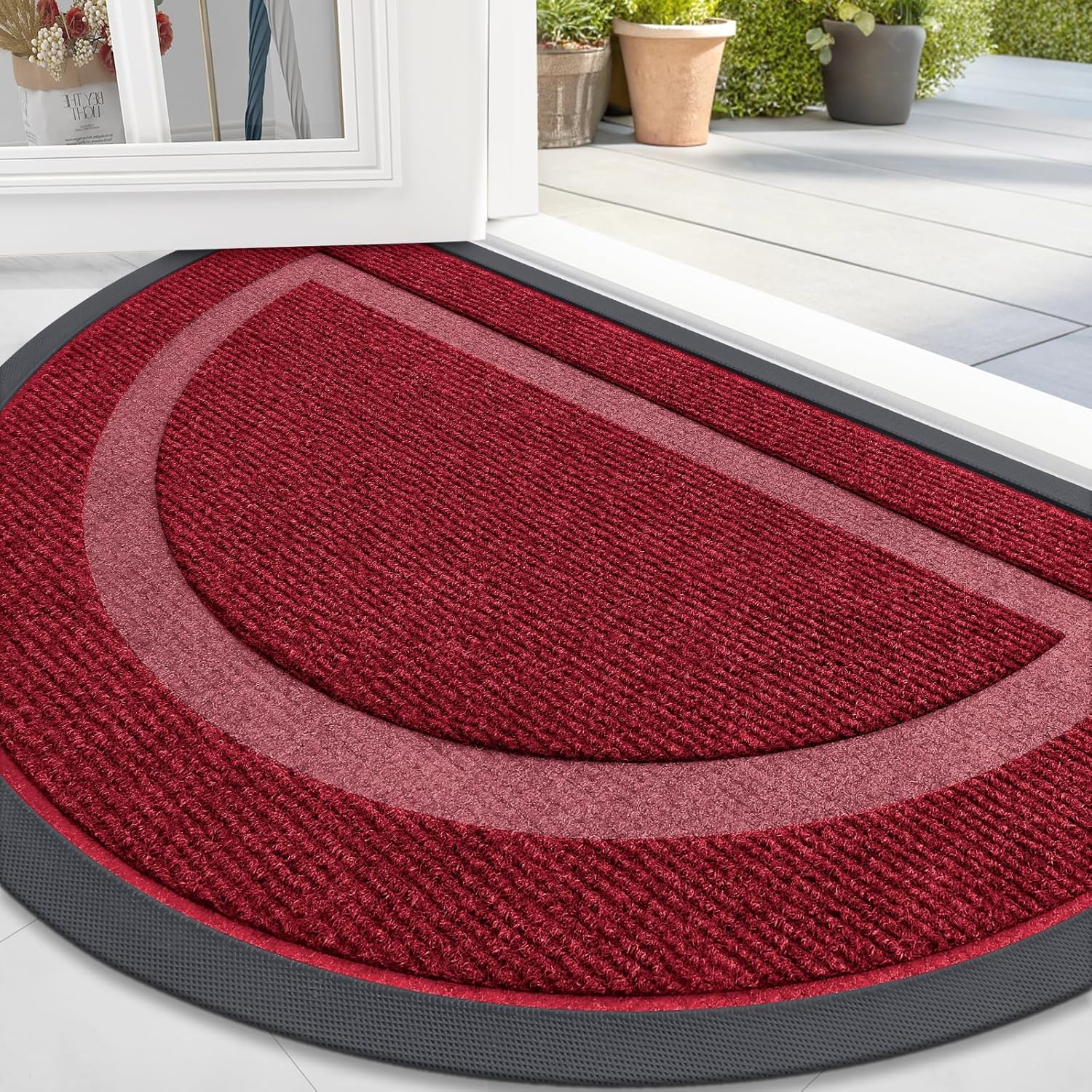 OLANLY Half Circle Door Mat - Waterproof All-Season Welcome Mat | Sturdy Natural Rubber, 33x21, Win Red