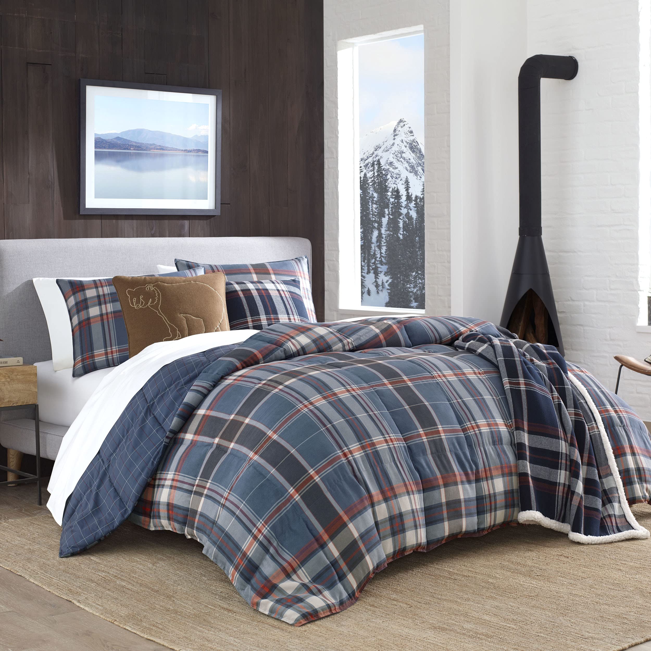 Eddie Bauer - King Comforter Set, Reversible Down Alt Bedding with Matching Shams, Home Decor for Colder Months (Shasta Lake Navy, King)