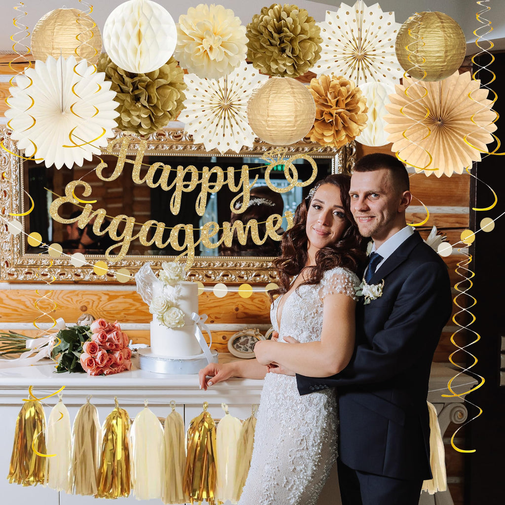 Roetyce Engagement Party Decorations, Gold Glitter Happy Engagement Banner, Almost Married/Just Engaged Photo Background, Congratulations Wedding Bachelorette Backdrop Decor