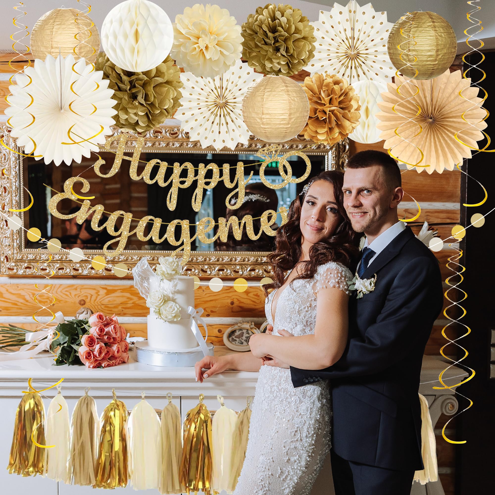 Roetyce Engagement Party Decorations, Gold Glitter Happy Engagement Banner, Almost Married/Just Engaged Photo Background, Congratulations Wedding Bachelorette Backdrop Decor