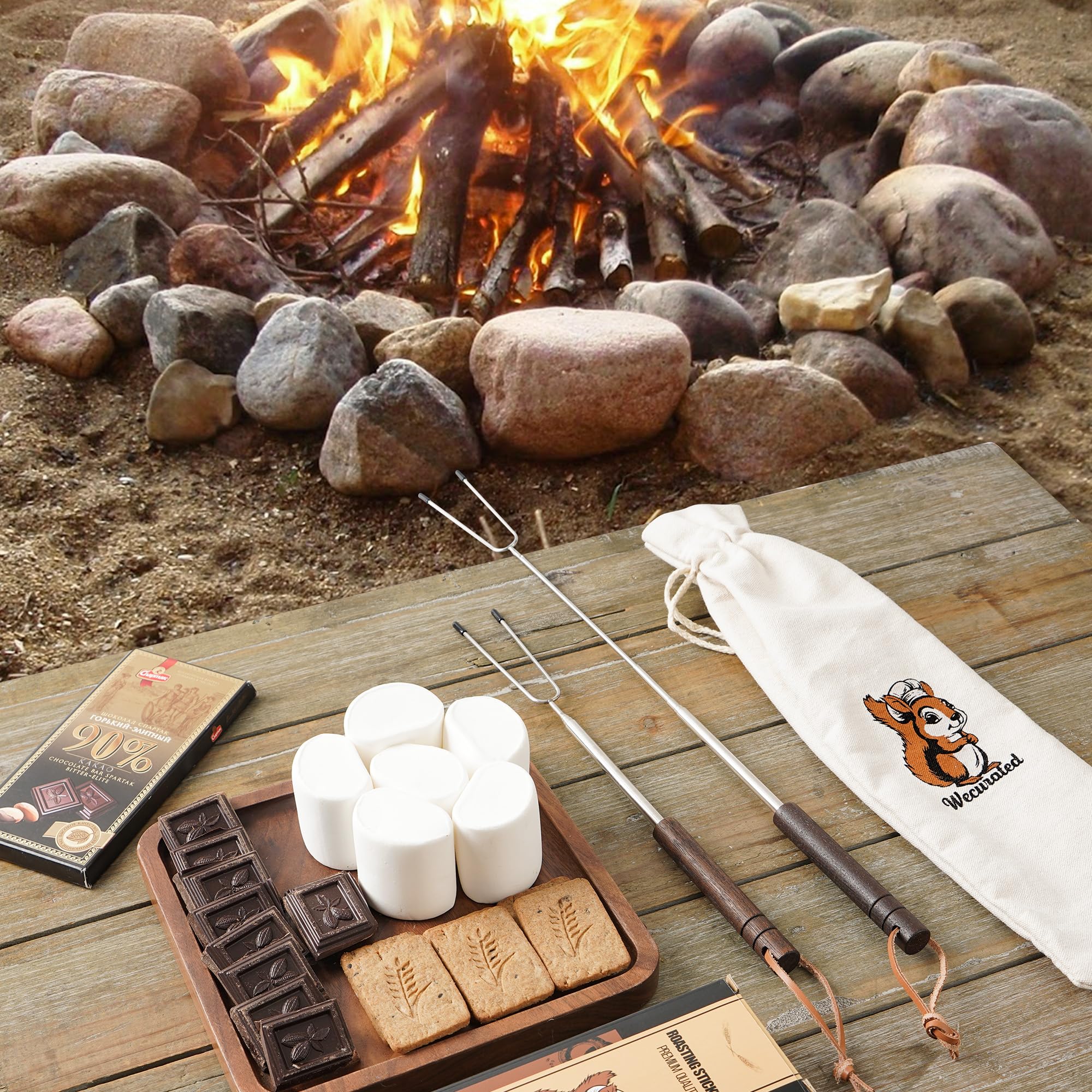 Marshmallow Roasting Sticks Set of 5 - Telescoping Long Smores Stick for Fire Pit Campfire Grill Bonfire Party BBQ Accessories with Storage Bag