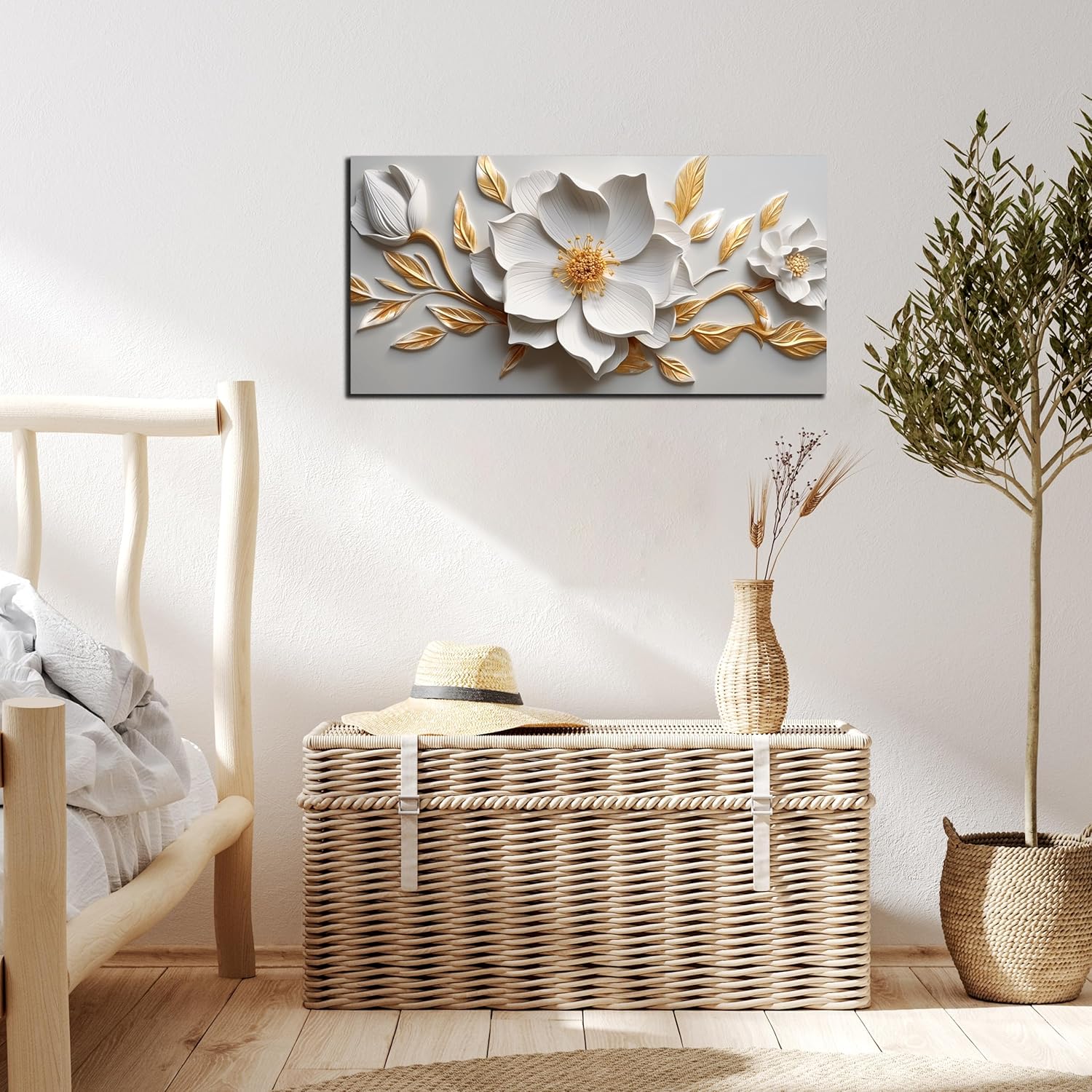 Skiennix Canvas Wall Art - Large White and Gold Floral Artwork for Living Room | 20x40 In Framed Decor