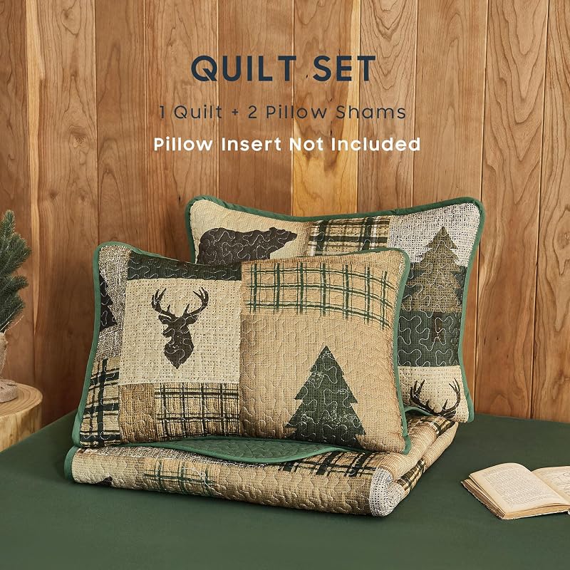 Wake In Cloud Rustic Quilt Set - Green Brown Queen/Full, 3-Piece Reversible Bedspread