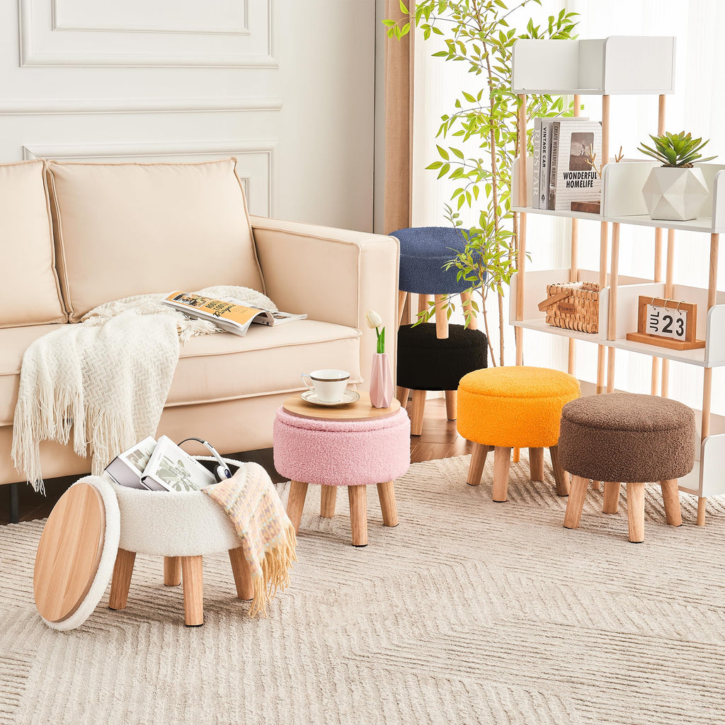 Poofzy Small Ottoman with Storage, Small Foot Stool Ottoman with Wood Legs, Sherpa Foot Rest for Couch, Living Room and Bedroom - White