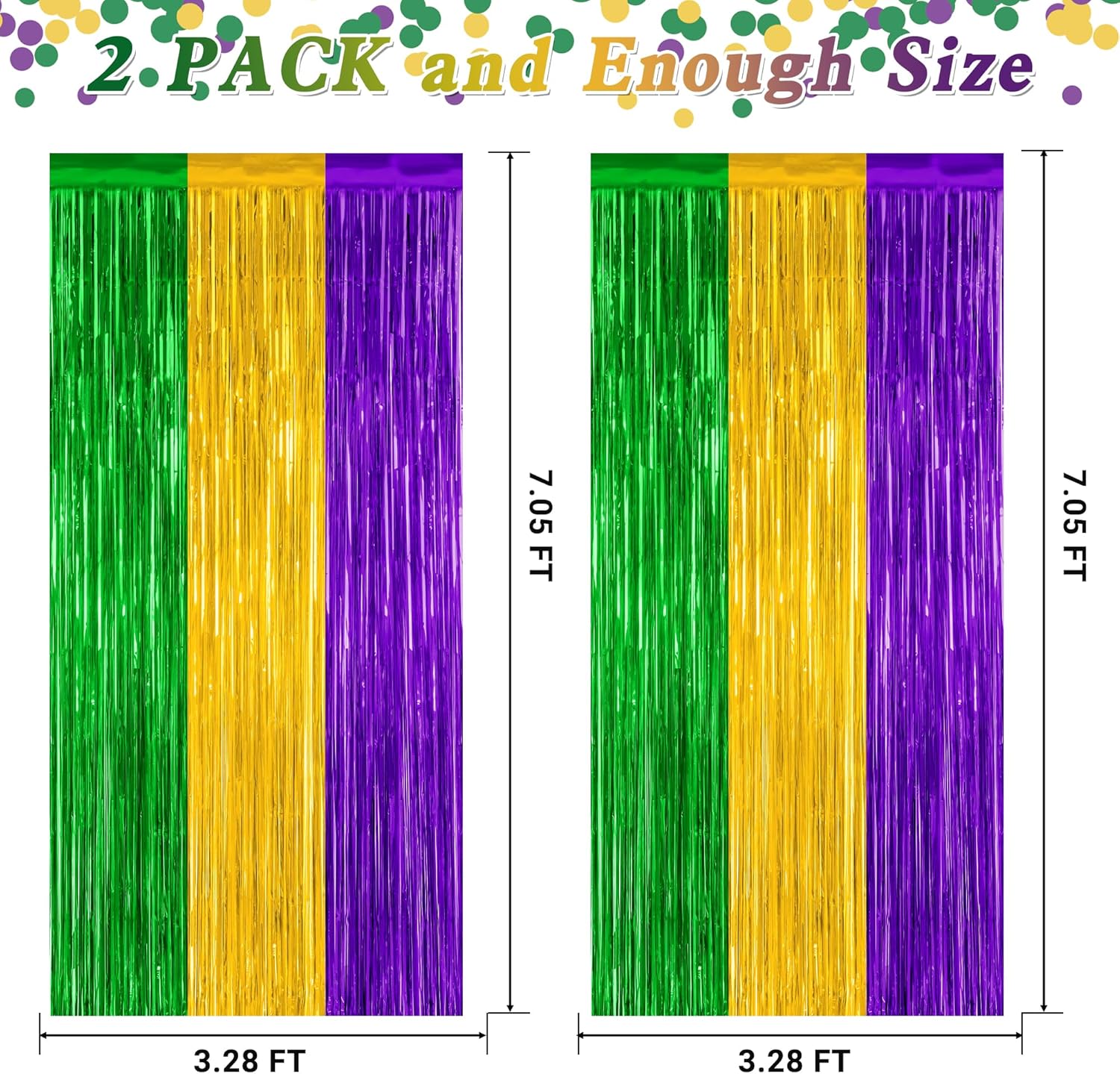 Skiennix Mardi Gras Tinsel Backdrop - 2 Pack Metallic Fringe Curtain | 3.28 FT x 7.05 FT, Purple Gold Green