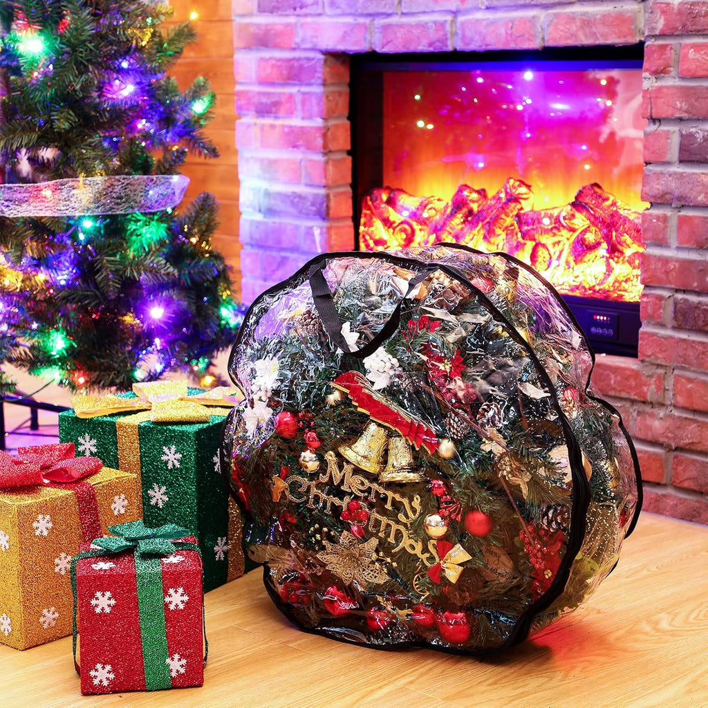 Zhengmy Wreath Storage Bags - 4 Pack Clear Christmas Wreath Containers with Handles & Dual Zippers | Black