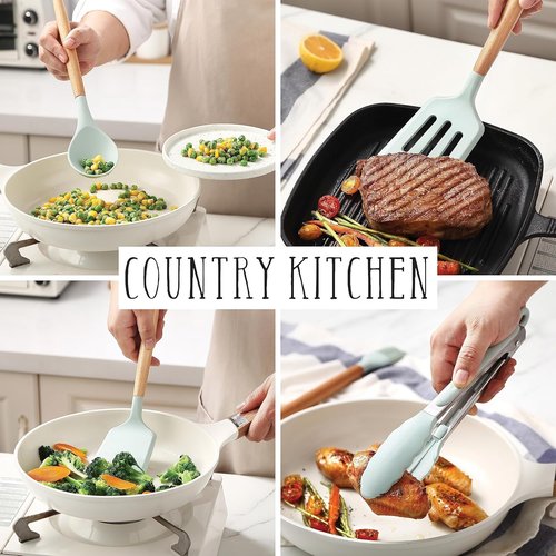 Country Kitchen Non-Stick Silicone Utensil Set - 38-Piece Cooking & Baking Tools in Mint