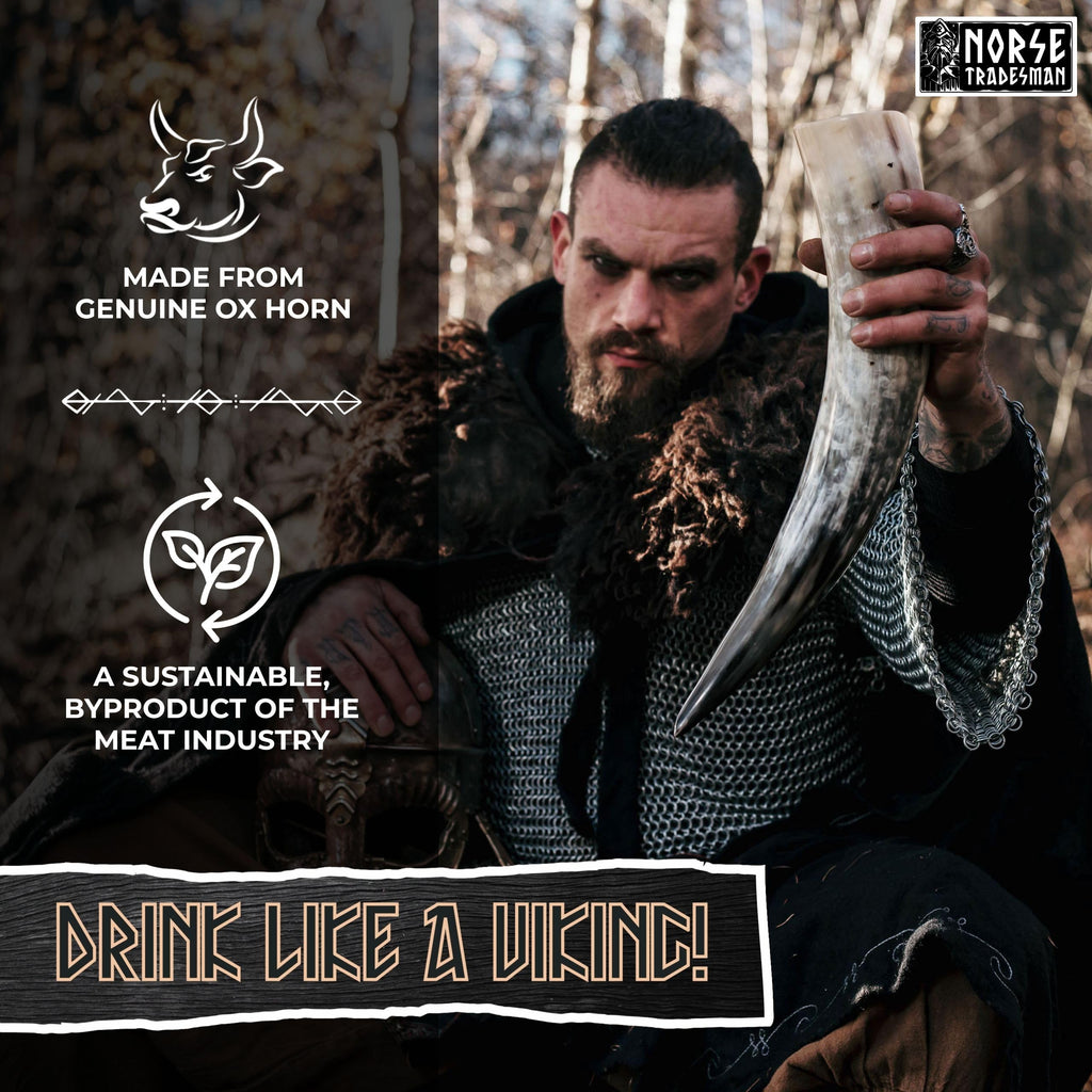 Norse Tradesman Genuine 12" Ox-Horn Viking Drinking Horn with Exquisite Hand Engraved Wolf & Celtic Knot, Black Leather Belt Holster, Fitted Stand & Burlap Gift Sack Included - Wolfsbane, 12-In