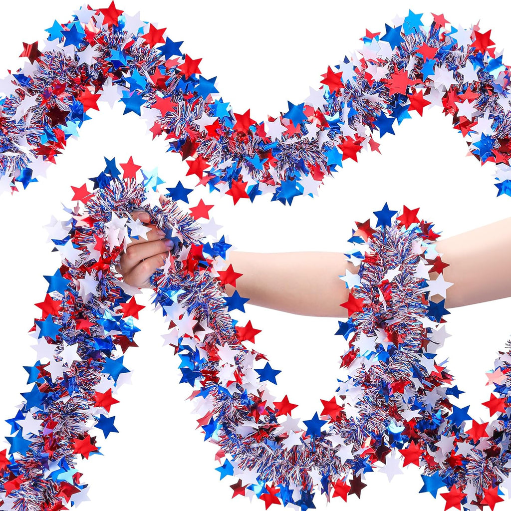 Regine Switzerland Patriotic Glitter Tinsel Garland - 52.5Ft Red, White & Blue Metallic Decor for 4th of July Celebrations