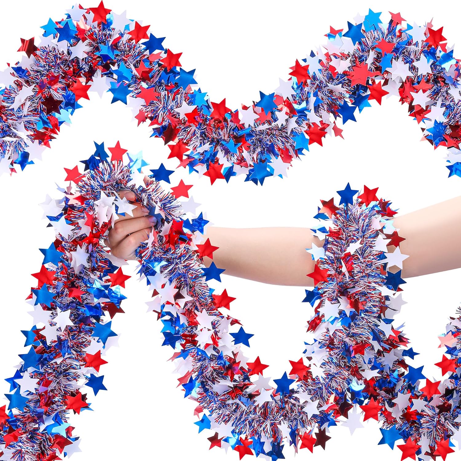 Regine Switzerland Patriotic Glitter Tinsel Garland - 52.5Ft Red, White & Blue Metallic Decor for 4th of July Celebrations