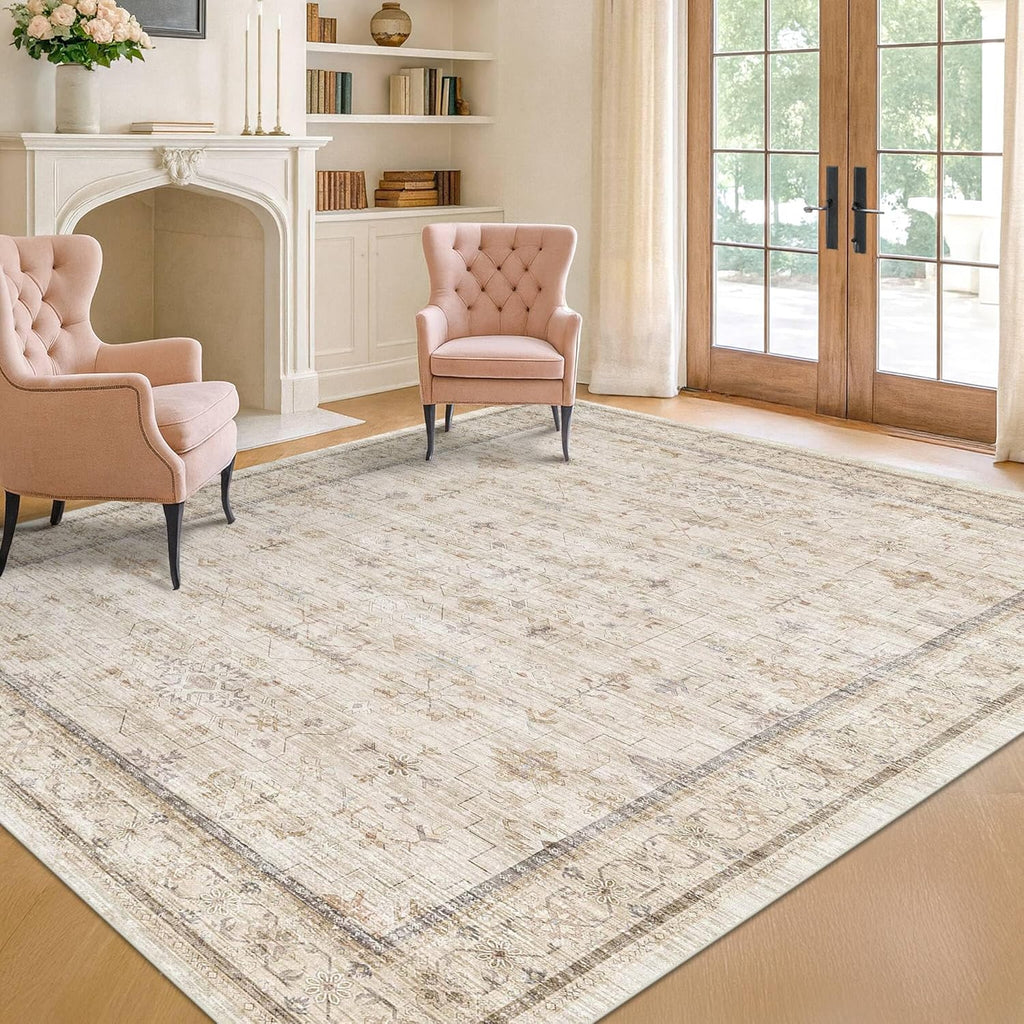 Skiennix Washable Ivory 5x7 Rug - Non-Slip Low Pile Carpet for Bedroom & Home Office | Retro Farmhouse Style